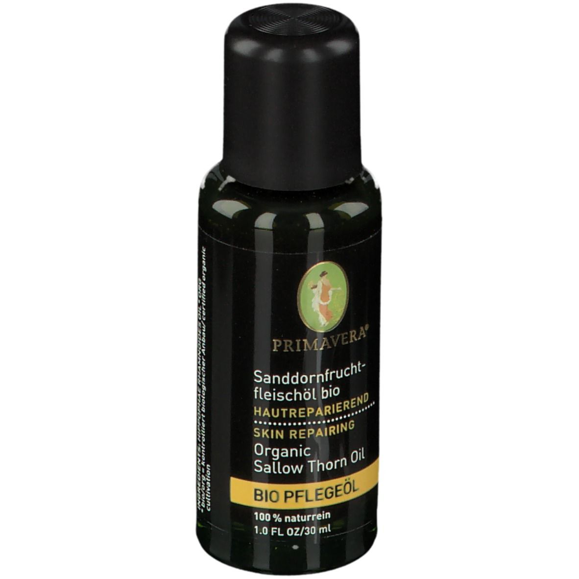 Flacon noir d'huile de PRIMAVERA® Bio-Sanddorn. Étiquette avec nom du produit et logo. Bouchon noir.