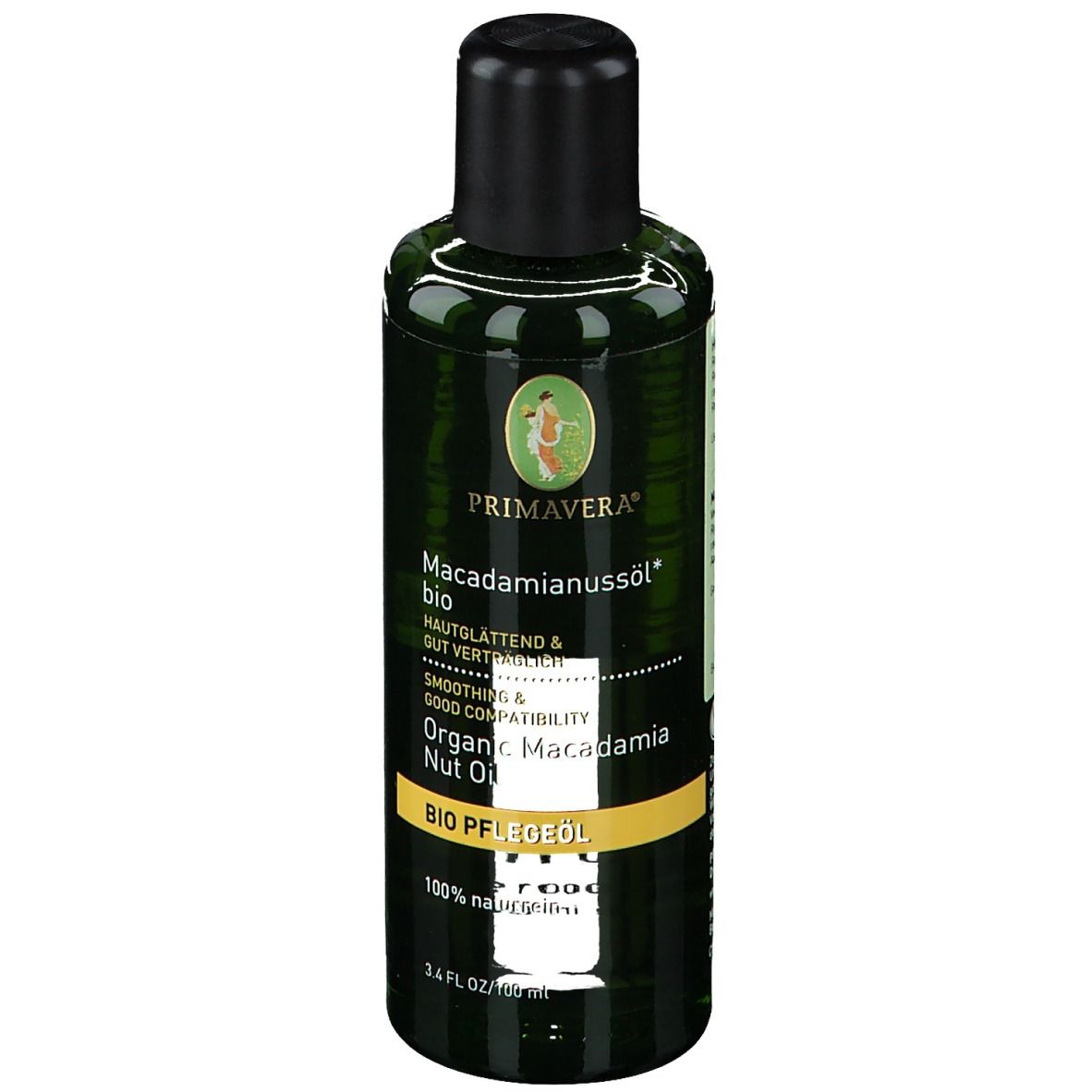 Flacon vert avec bouchon noir. Inscription : PRIMAVERA, huile de macadamia bio. Étiquette avec informations.