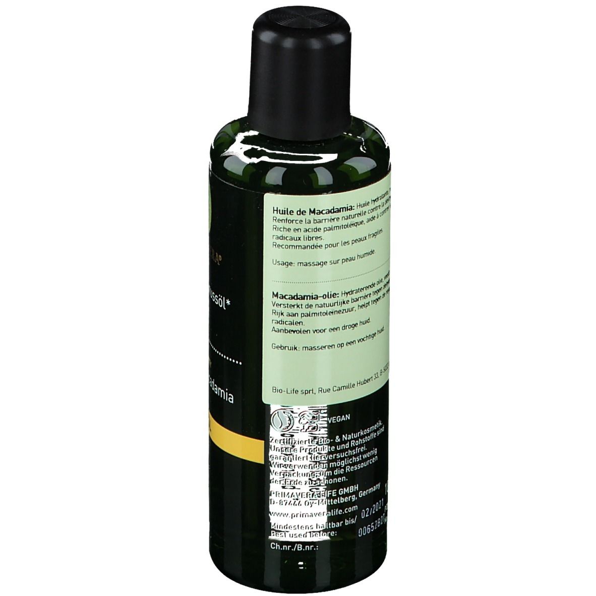 Dos du flacon vert. Étiquette avec informations produit en plusieurs langues. Bouchon noir.