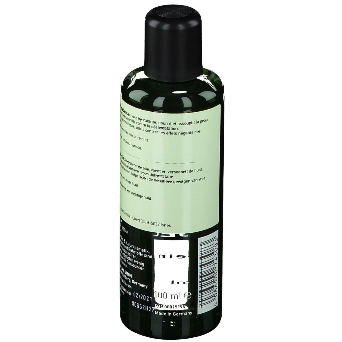 Dos du flacon vert. Étiquette avec informations produit, ingrédients et fabricant. Bouchon noir.