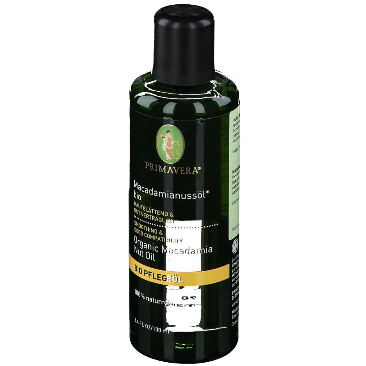 Flacon vert avec bouchon noir. Inscription : PRIMAVERA, huile de macadamia bio. Étiquette avec informations.