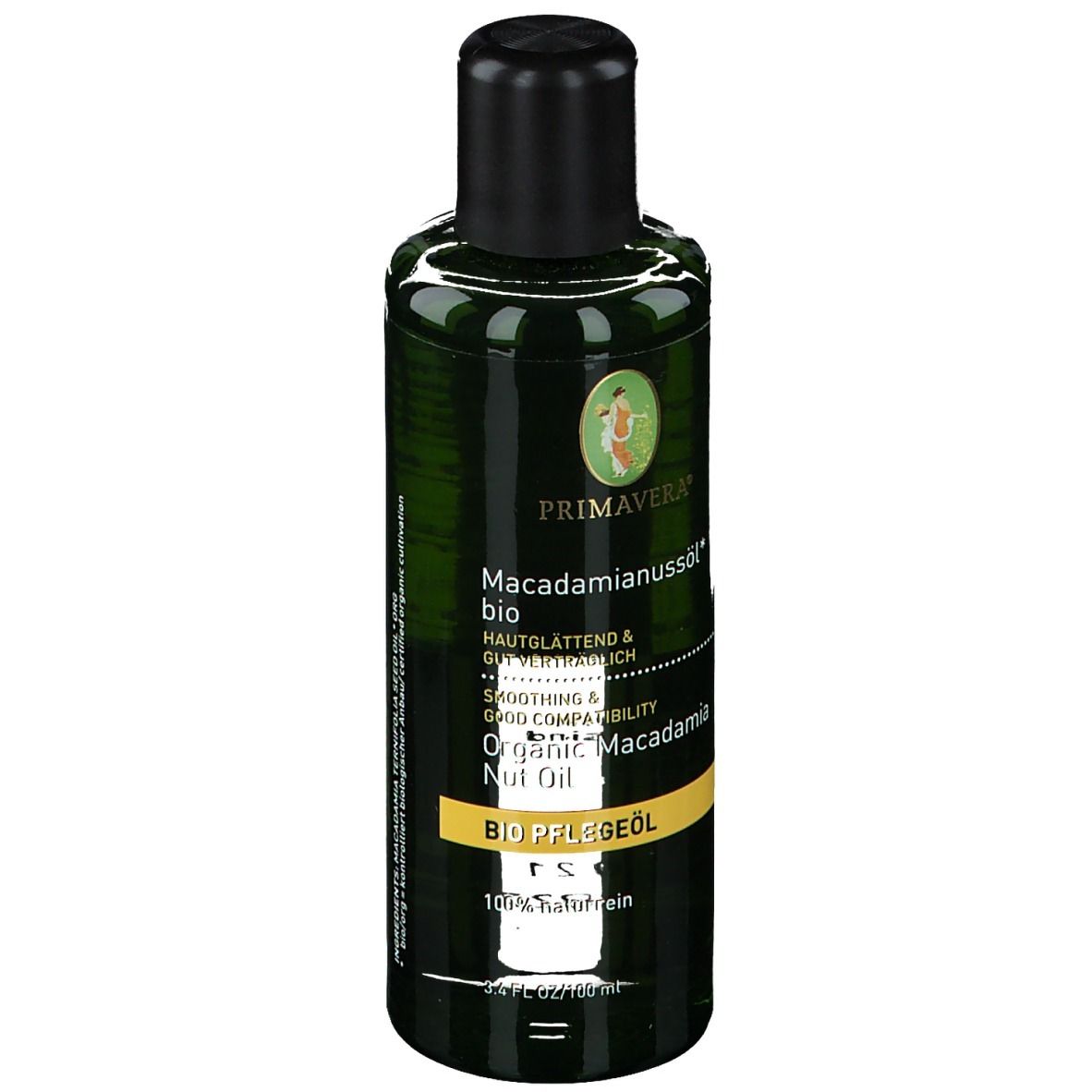Flacon vert avec bouchon noir. Inscription : PRIMAVERA, huile de macadamia bio. Étiquette avec informations.