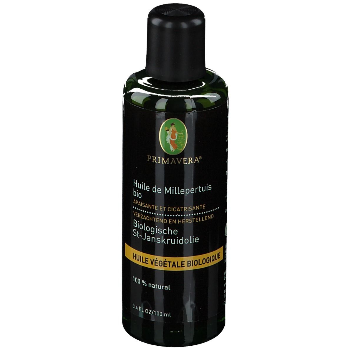 Bruine glazen fles met zwarte dop. Etiket met productnaam en logo.