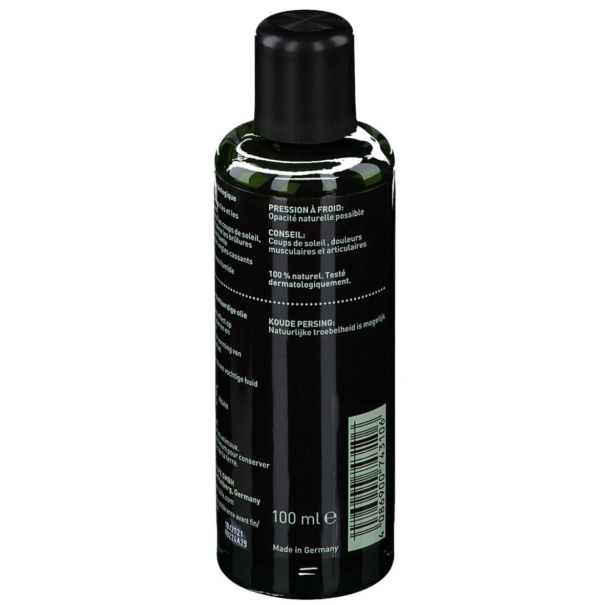 Bruine glazen fles met zwarte dop. Etiket met productinformatie en barcode.