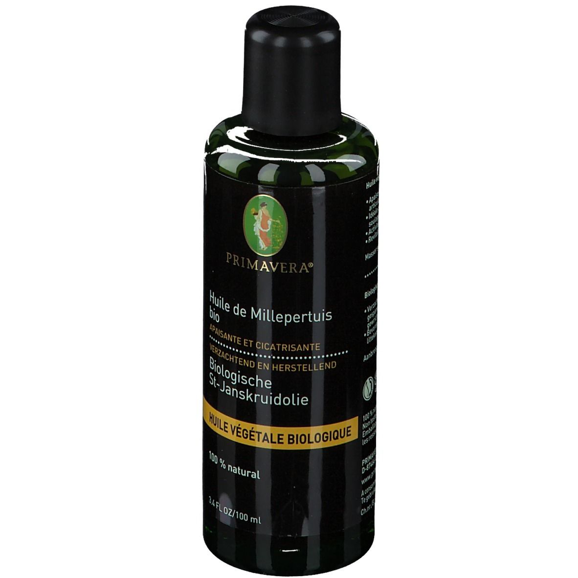 Bruine glazen fles met zwarte dop. Etiket met productnaam en logo.