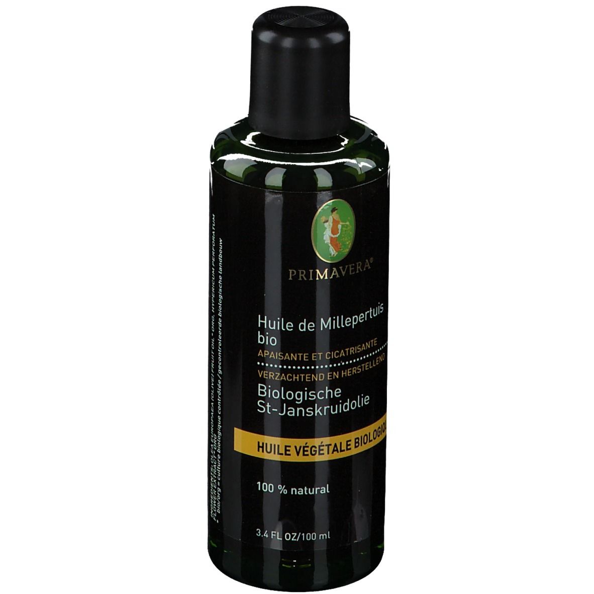 Bruine glazen fles met zwarte dop. Etiket met productnaam en logo.