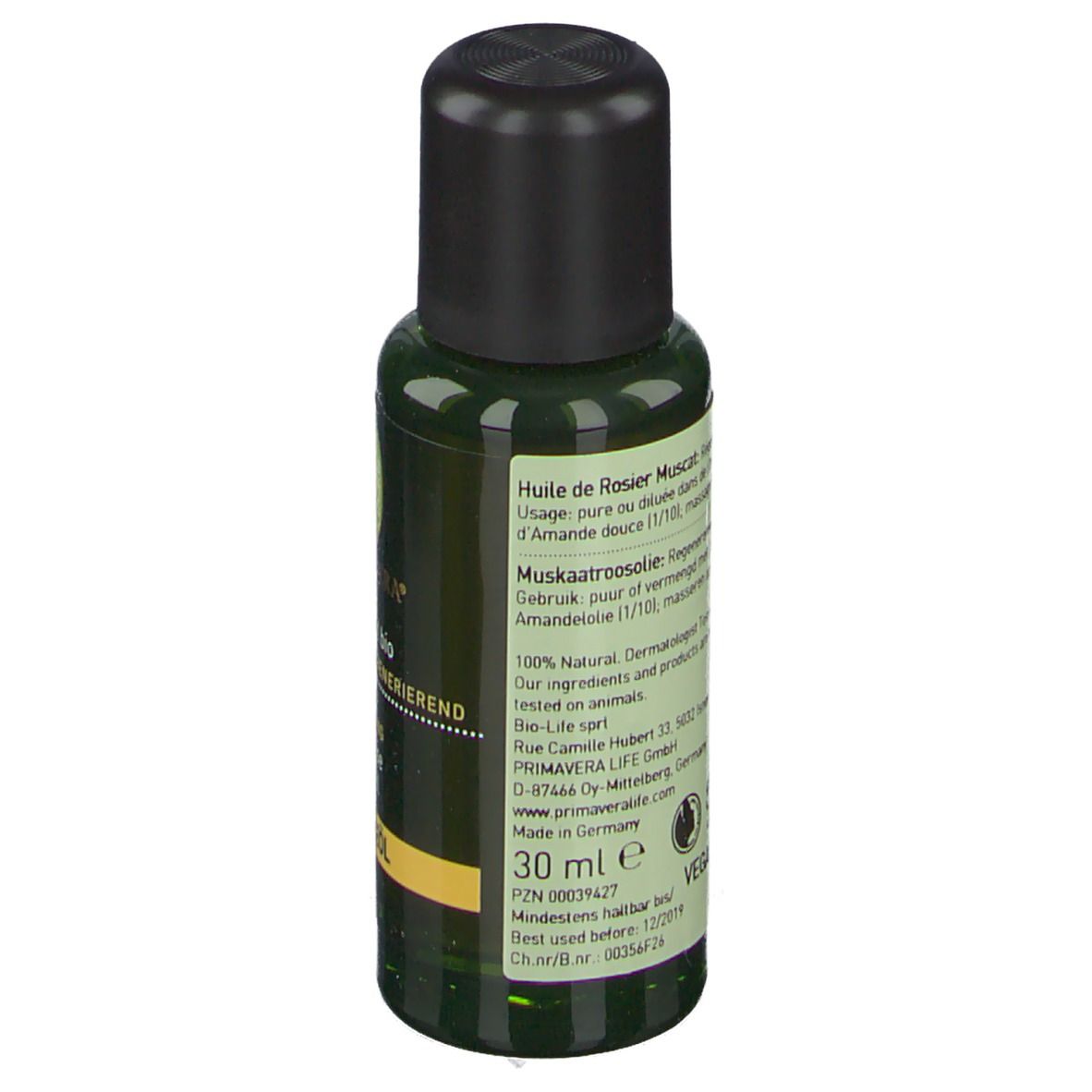Dos du flacon en verre vert. Inscription: 30 ml, ingrédients, vegan, A consommer de préférence avant 12/2019.