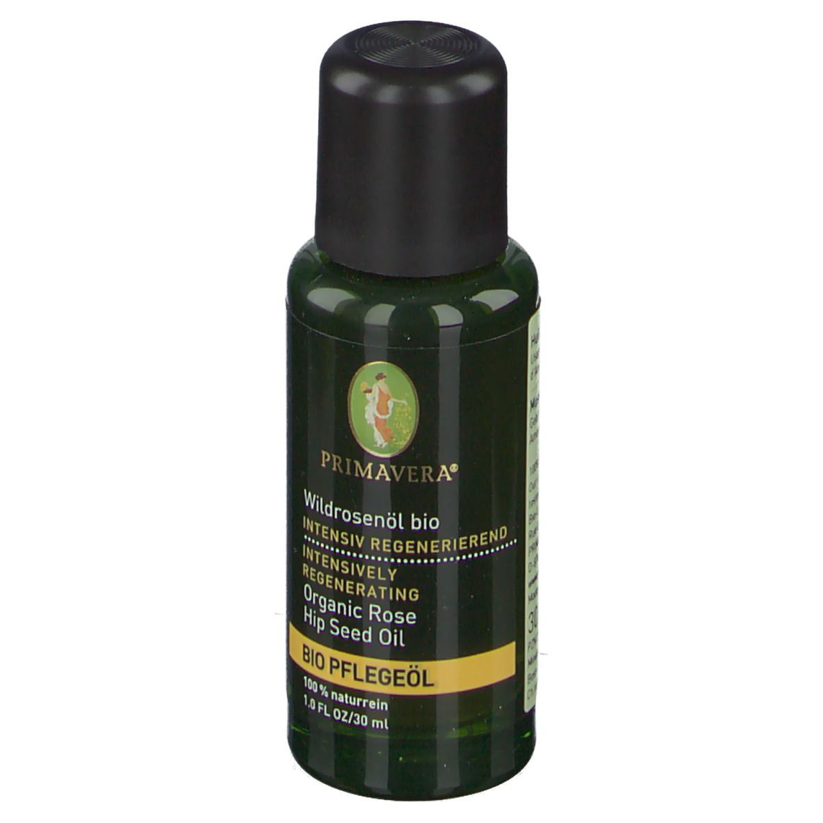 Flacon en verre vert avec bouchon noir. Inscription: PRIMAVERA, Wildrosenöl bio, BIO PFLEGEÖL. 30 ml.