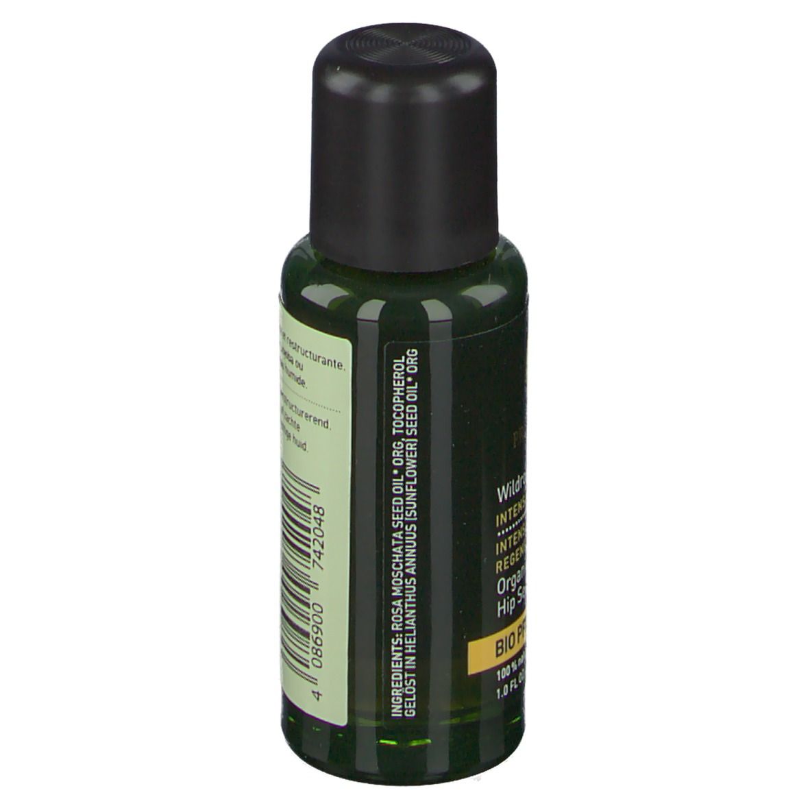 Dos du flacon en verre vert. Inscription: ingrédients, 30 ml, vegan.