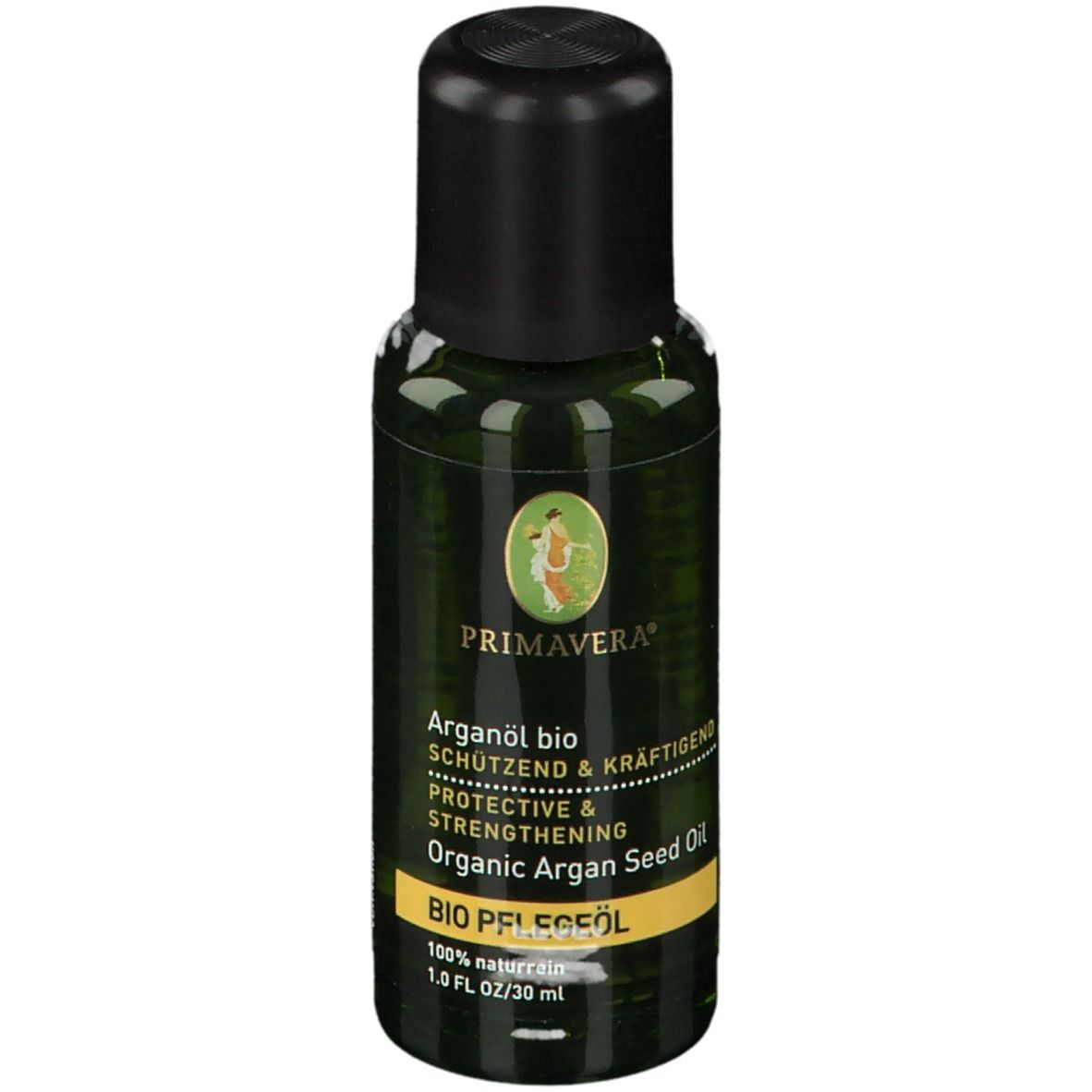 Flacon vert avec bouchon noir. Inscription : PRIMAVERA, Arganöl bio, Organic Argan Seed Oil. BIO PFLEGEÖL.