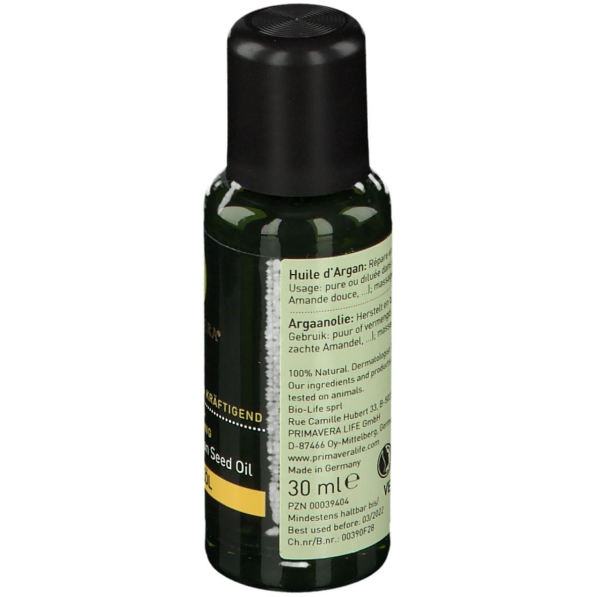 Flacon vert avec bouchon noir. Dos avec texte en allemand, français, néerlandais. 30 ml, label Vegan.