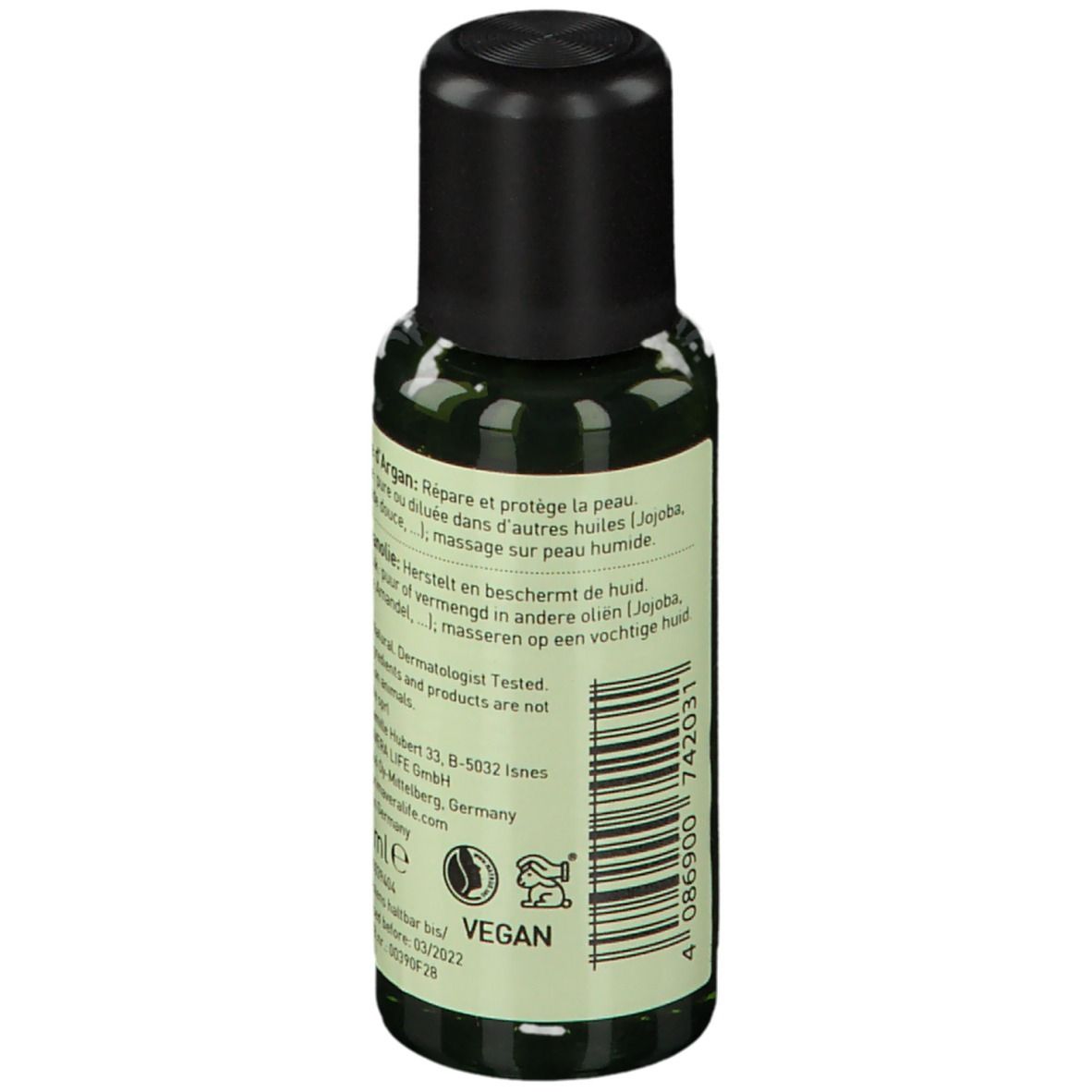 Flacon vert avec bouchon noir. Dos avec texte en allemand, français, néerlandais. Label Vegan.