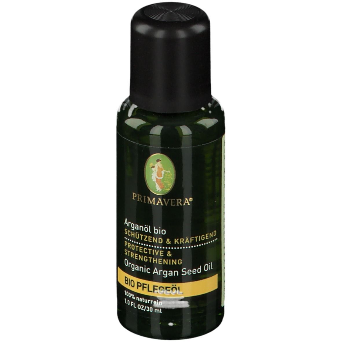 Flacon vert avec bouchon noir. Inscription : PRIMAVERA, Arganöl bio, Organic Argan Seed Oil. BIO PFLEGEÖL.