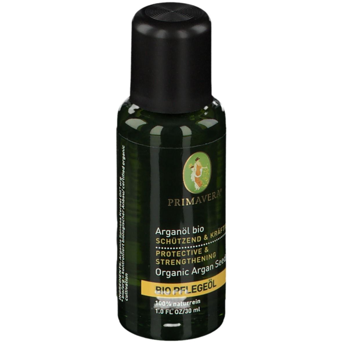 Flacon vert avec bouchon noir. Inscription : PRIMAVERA, Arganöl bio, Organic Argan Seed Oil. BIO PFLEGEÖL.