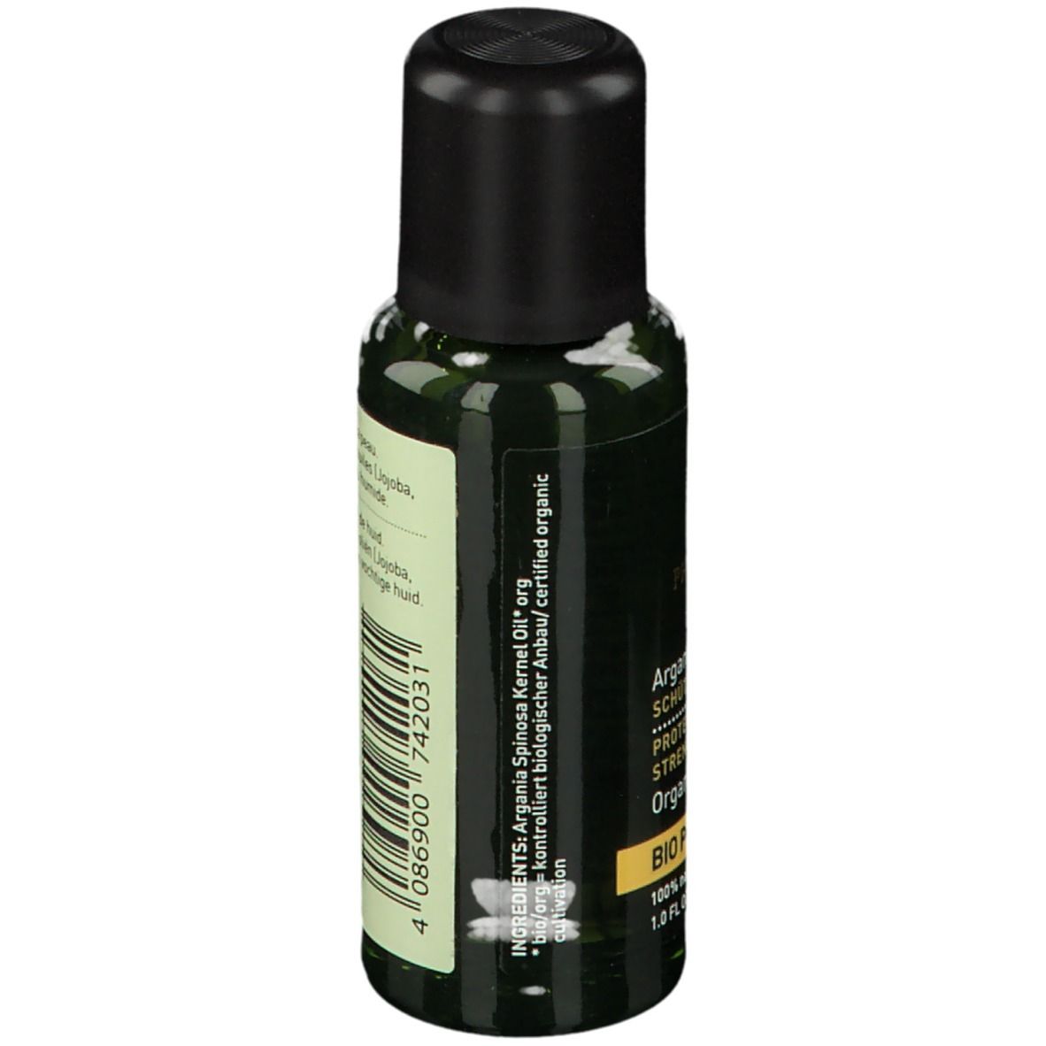 Flacon vert avec bouchon noir. Dos avec texte et code-barres. Ingrédients : Argania Spinosa Kernel Oil* org.