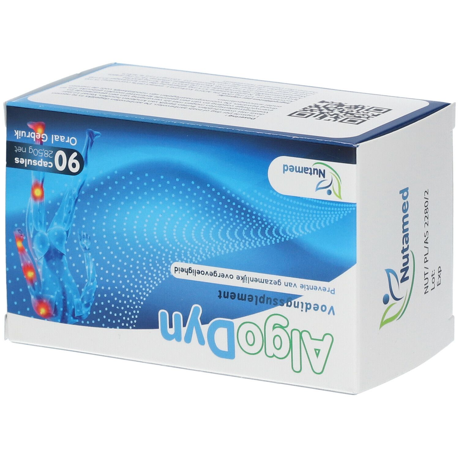 Boîte Algodyn, 90 gélules, Nutamed. Complément alimentaire pour la prévention de l'hypersensibilité articulaire. Vue en perspective.
