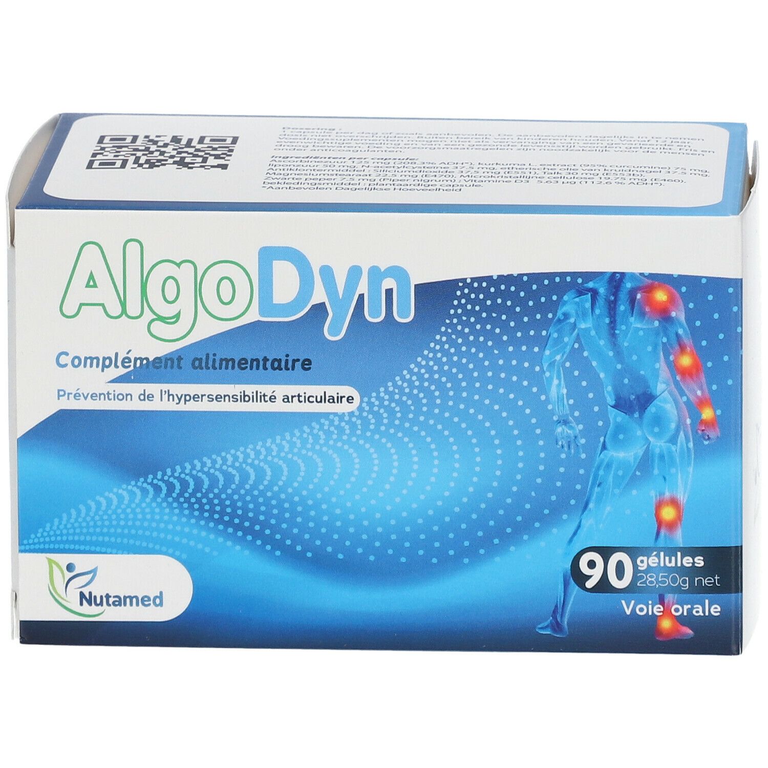 Boîte Algodyn, 90 gélules, Nutamed. Complément alimentaire pour la prévention de l'hypersensibilité articulaire. Vue en perspective.