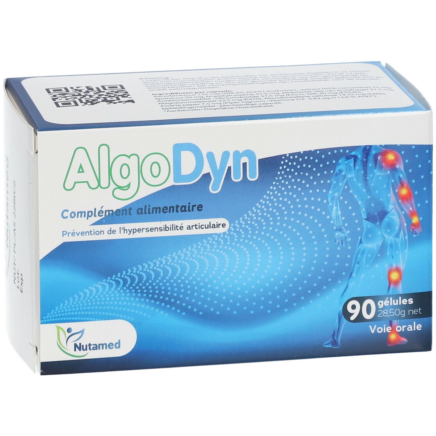 Boîte Algodyn, 90 gélules, Nutamed. Complément alimentaire pour la prévention de l'hypersensibilité articulaire. Vue en perspective.