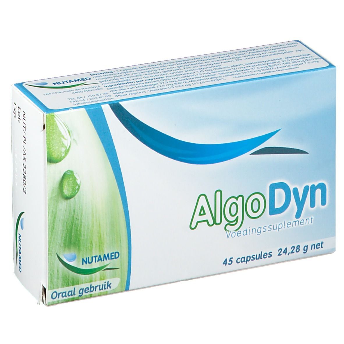 Boîte de complément alimentaire Algodyn. Contient 45 gélules. Marque Nutamed.