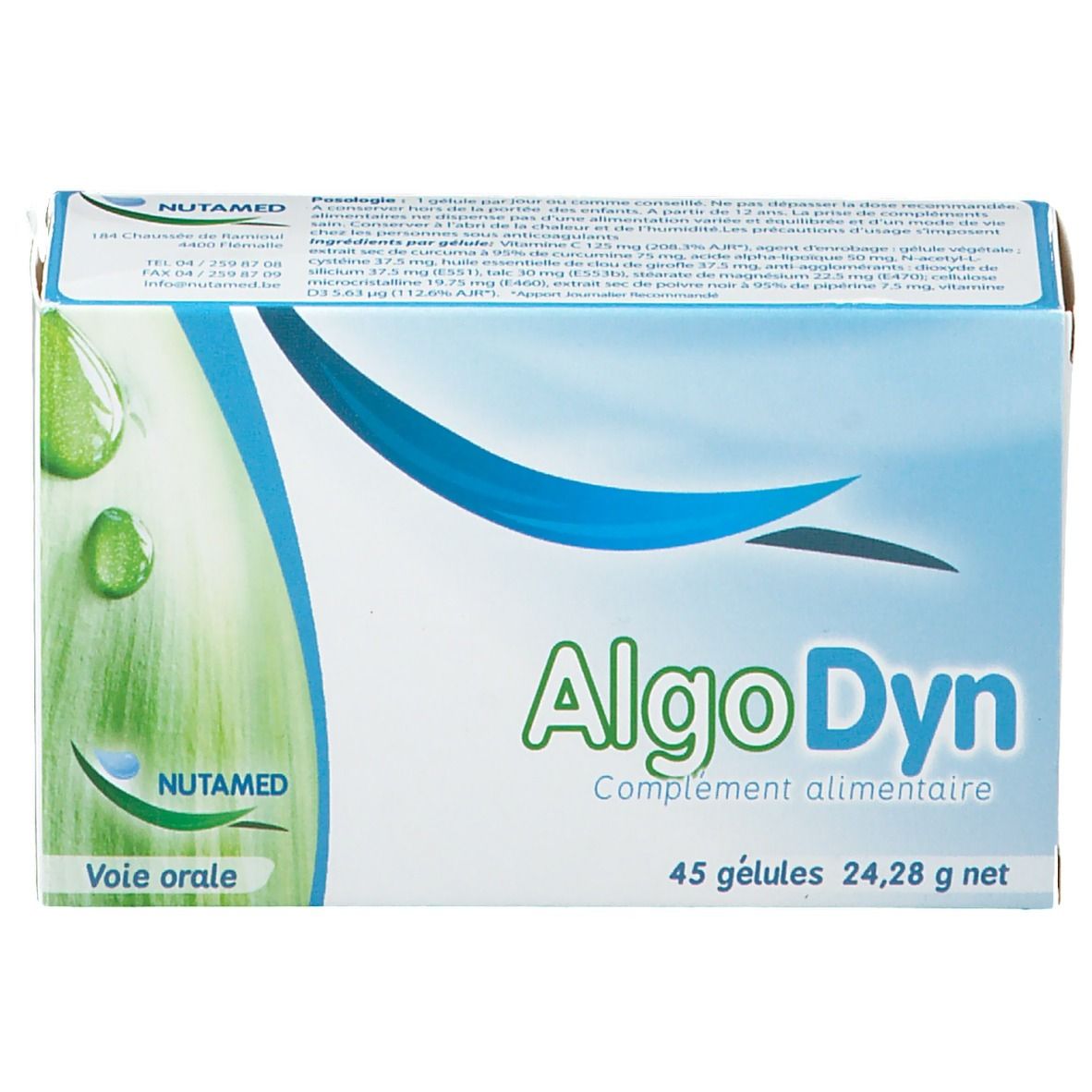 Boîte de complément alimentaire Algodyn. Contient 45 gélules. Marque Nutamed.