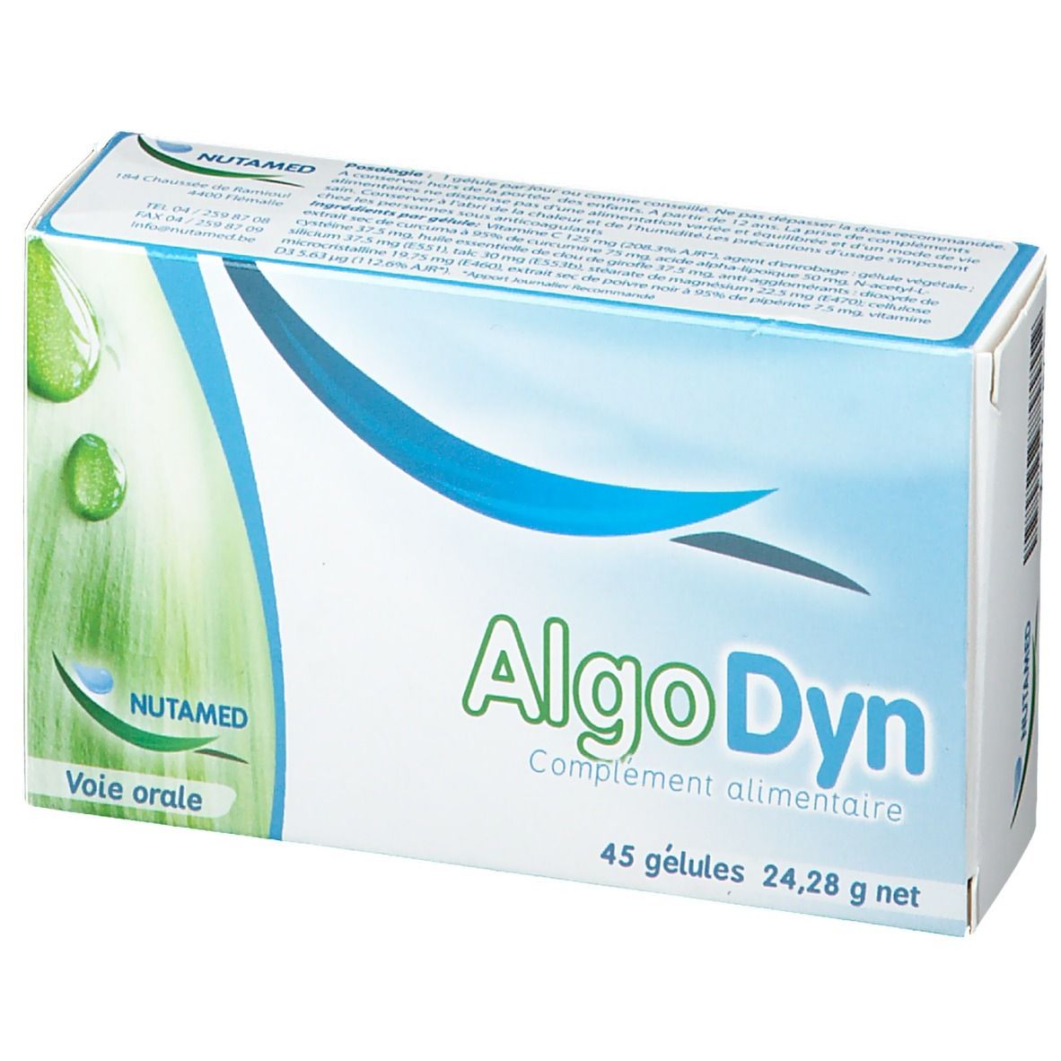 Boîte de complément alimentaire Algodyn. Contient 45 gélules. Marque Nutamed.