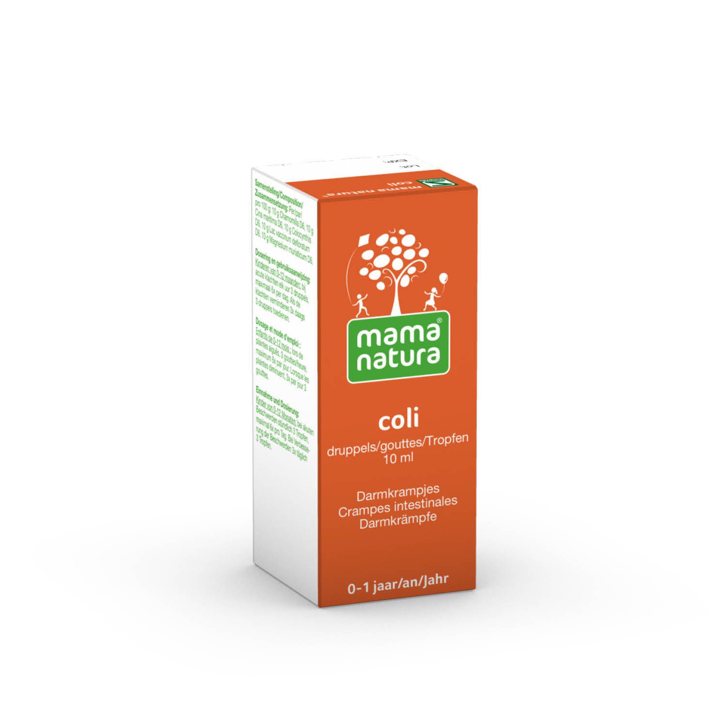 mama natura® coli, gouttes dans une boîte orange. Inscriptions: Crampes intestinales, 0-1 an.