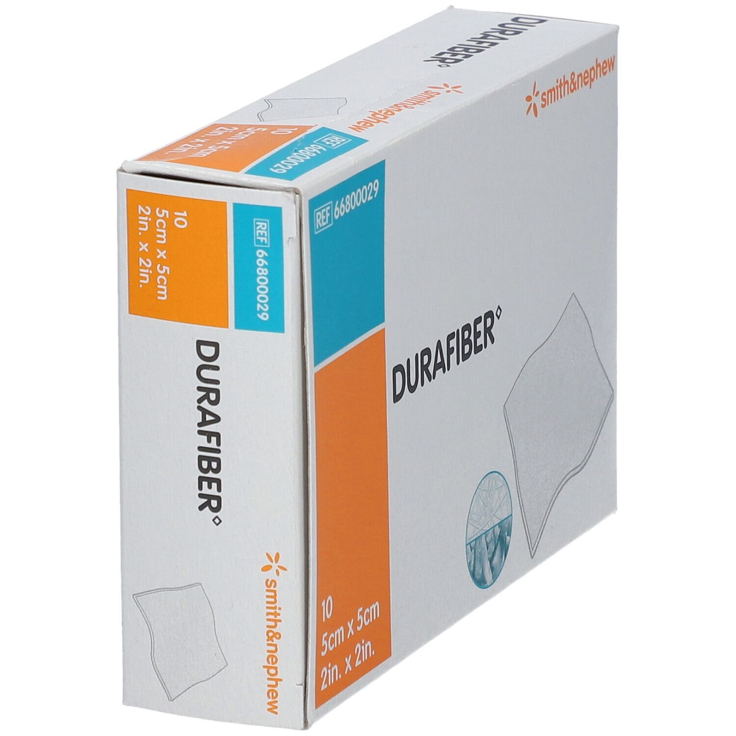 DURAFIBER®-Verpackung. Zehn 5cm x 5cm Verbände. Marke Smith & Nephew. Box schräg.