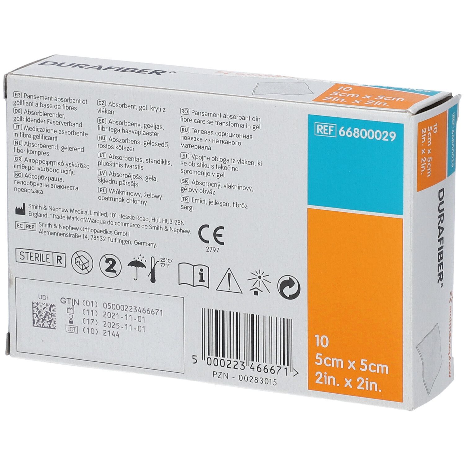 Rückseite der DURAFIBER®-Verpackung. Produktinformationen, Herstellerangaben, CE-Kennzeichnung.