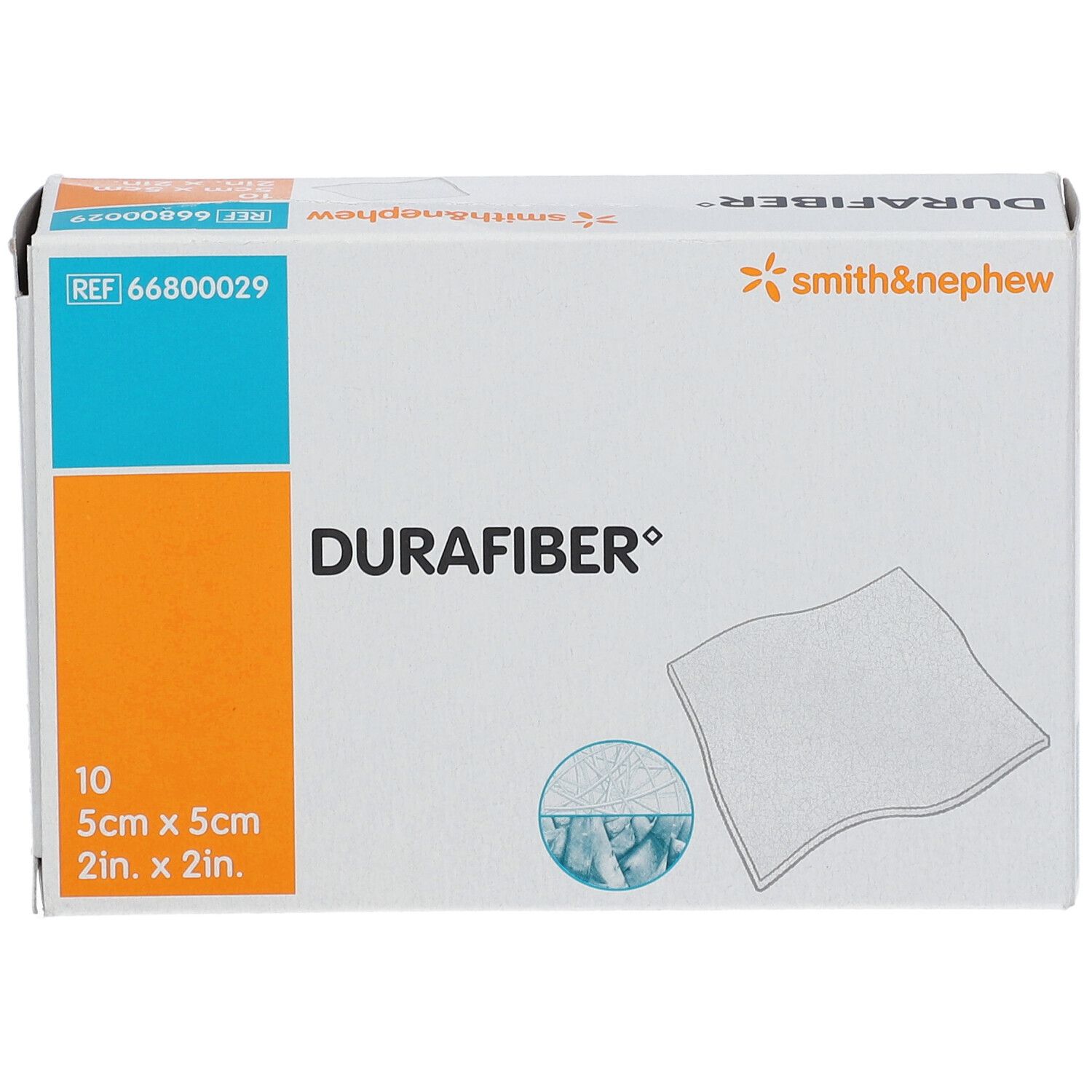 DURAFIBER®-Verpackung. Zehn 5cm x 5cm Verbände. Marke Smith & Nephew. Box.