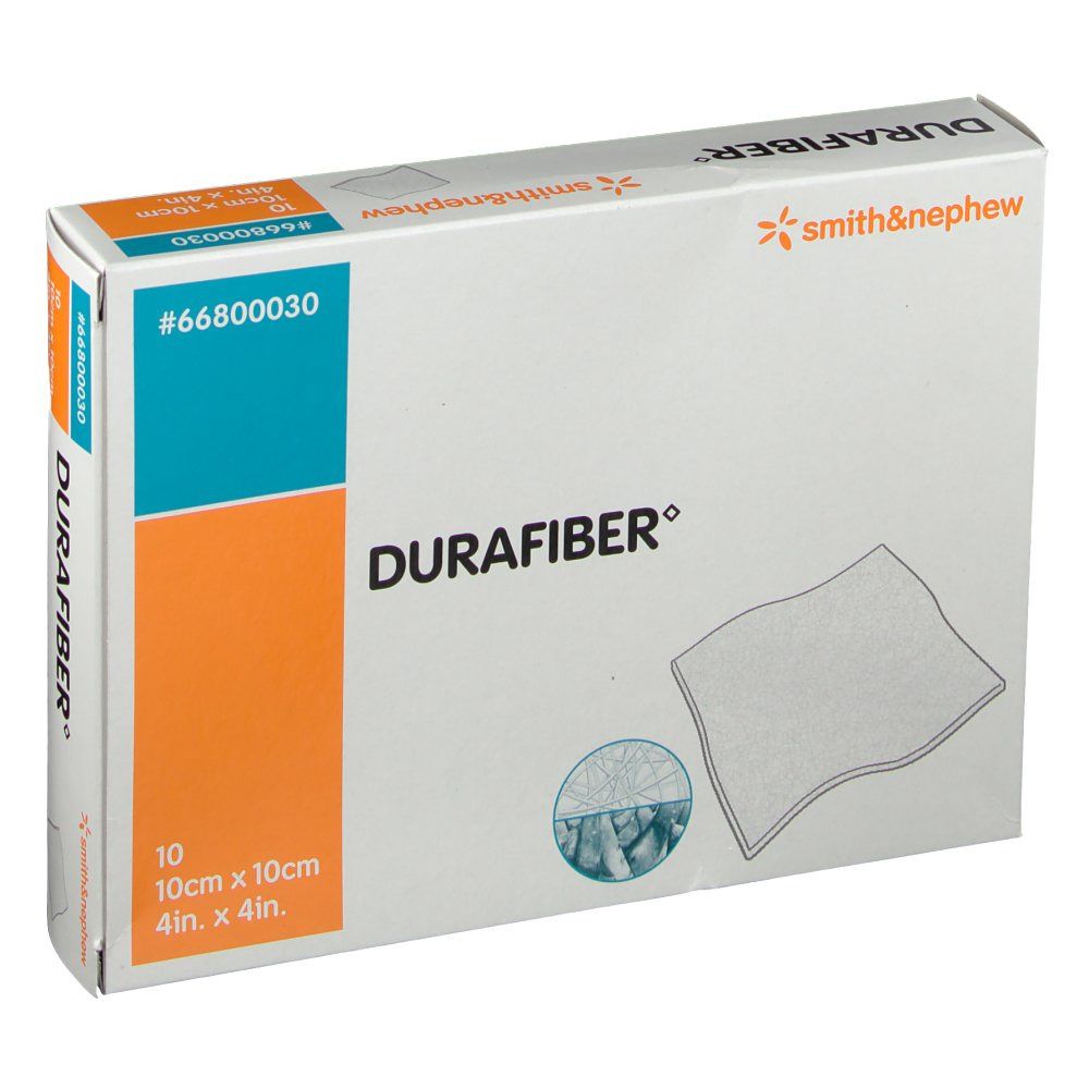 DURAFIBER-Verpackung. Enthält 10 Stück 10 cm x 10 cm. Marke Smith & Nephew. Aufdruck #66800030.