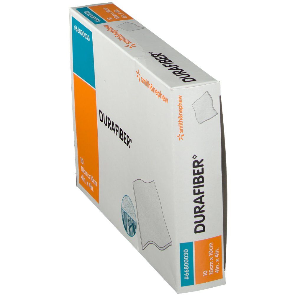DURAFIBER-Verpackung, schräg. Enthält 10 Stück 10 cm x 10 cm. Marke Smith & Nephew. Aufdruck #66800030.