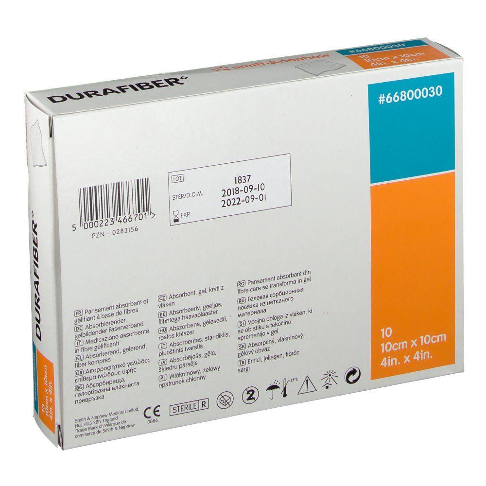 Rückseite der DURAFIBER-Verpackung. Enthält 10 Stück 10 cm x 10 cm. Informationen und Symbole.