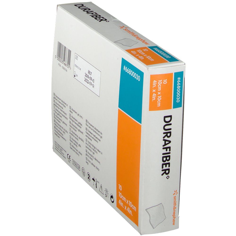 DURAFIBER-Verpackung, schräg. Rückseite mit Informationen. Enthält 10 Stück 10 cm x 10 cm. Aufdruck #66800030.