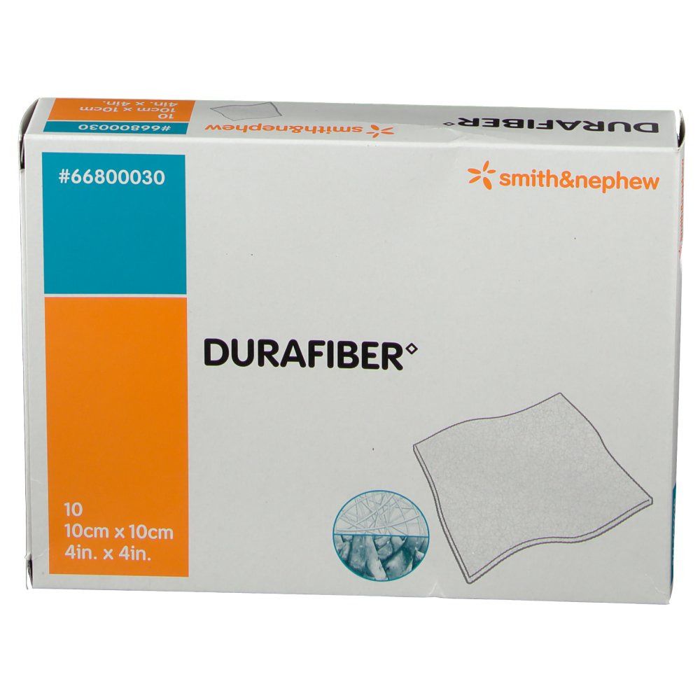DURAFIBER-Verpackung. Enthält 10 Stück 10 cm x 10 cm. Marke Smith & Nephew. Aufdruck #66800030.