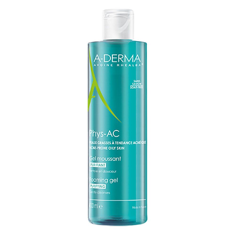 A-DERMA PHYS-AC Gel nettoyant. Flacon de gel bleu-vert. Bouchon blanc. Texte: PHYS-AC, foaming gel, sans savon.