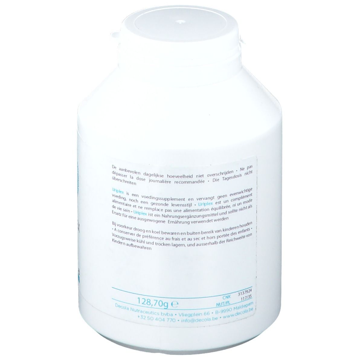 Dos d'un flacon blanc à bouchon à vis. Texte en plusieurs langues. Poids : 128,70g.