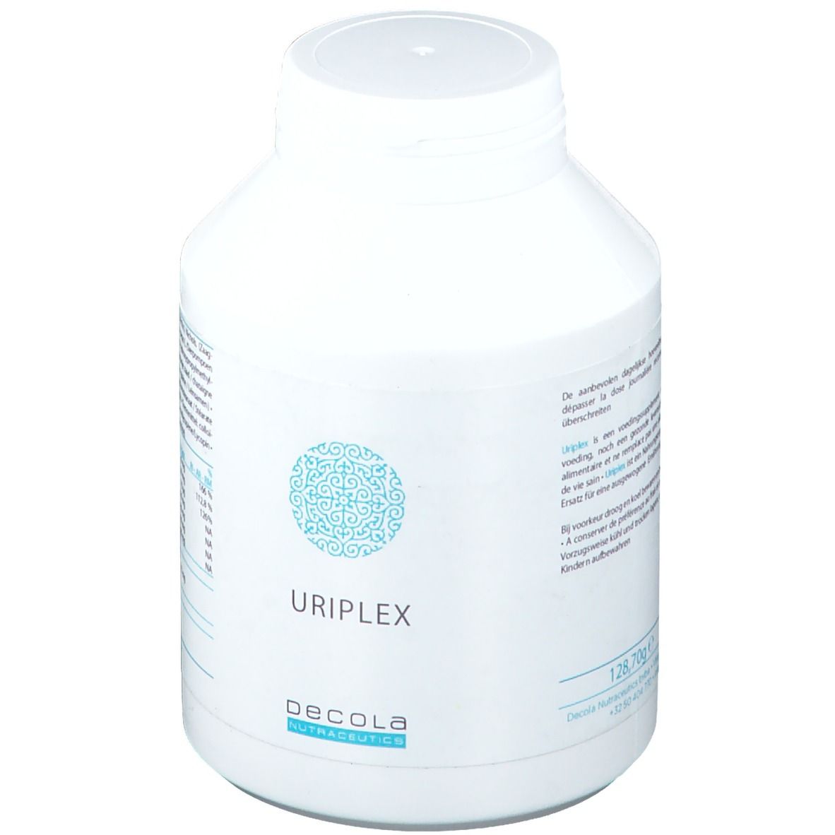 Flacon blanc à bouchon à vis. Inscription URIFLEX et Decola Nutraceutics. Motif bleu.