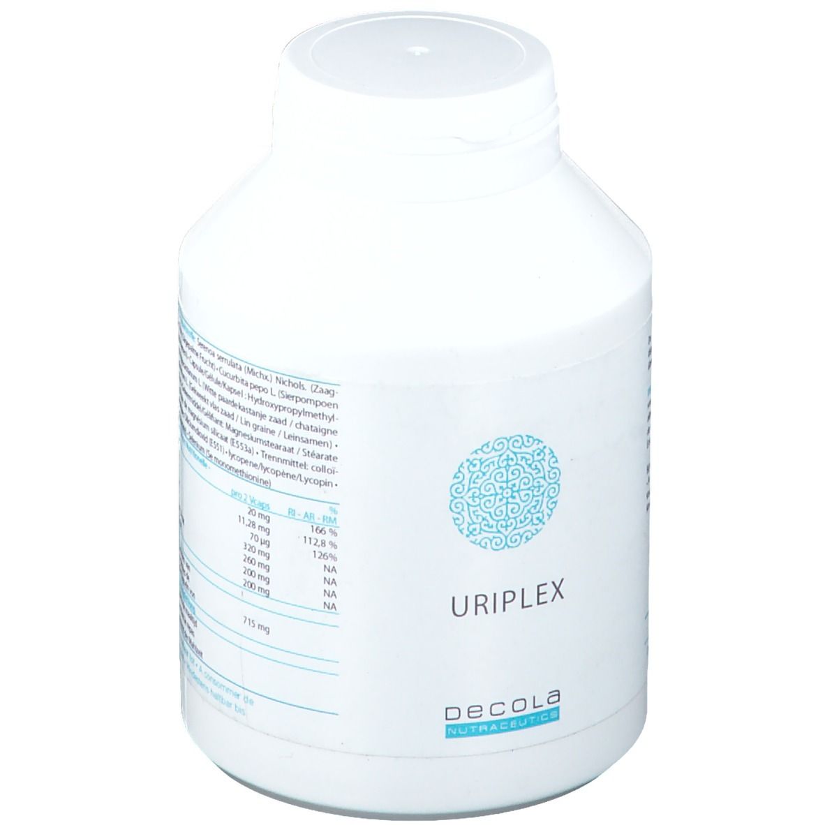 Flacon blanc à bouchon à vis. Inscription URIFLEX et Decola Nutraceutics. Informations nutritionnelles.
