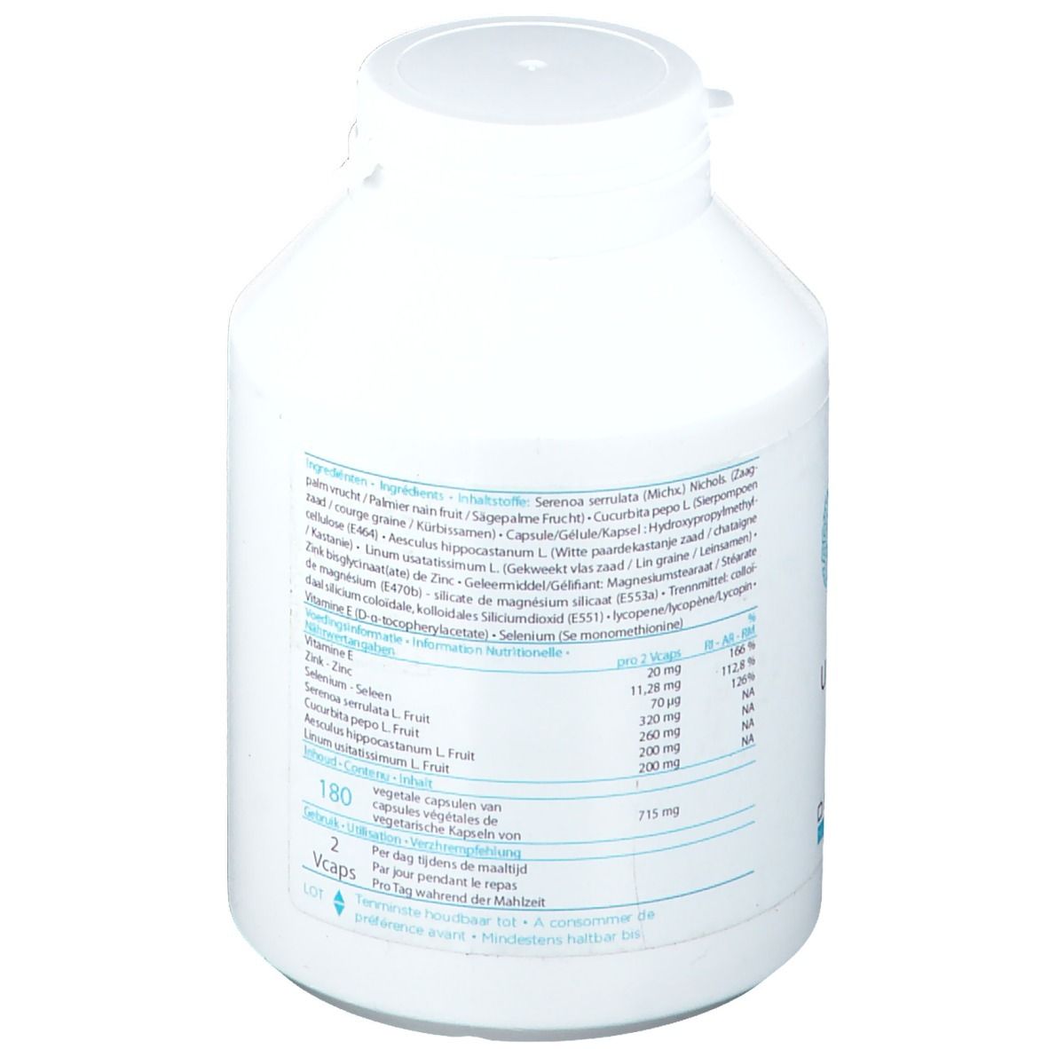Dos d'un flacon blanc à bouchon à vis. Ingrédients et informations nutritionnelles. 180 gélules.