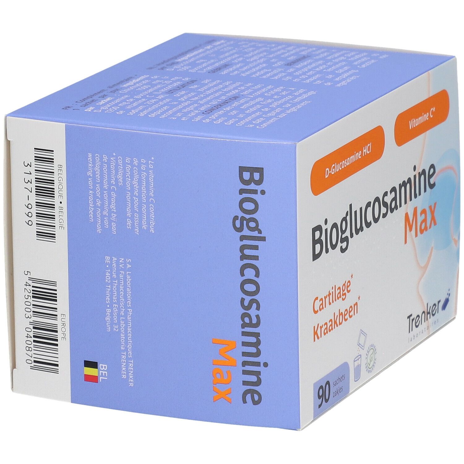 Boîte de Bioglucosamine Max. Contient 90 sachets. Inscriptions : D-Glucosamine HCl, Vitamine C, Cartilage Kraakbeen.
