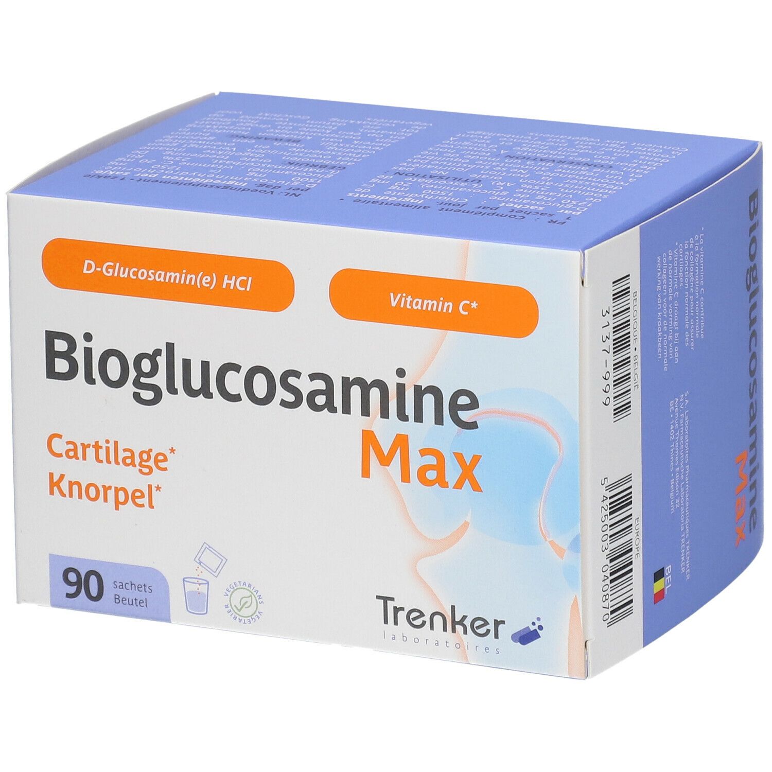 Boîte de Bioglucosamine Max. Contient 90 sachets. Inscriptions : D-Glucosamine(e) HCl, Vitamine C, Cartilage Knorpel.