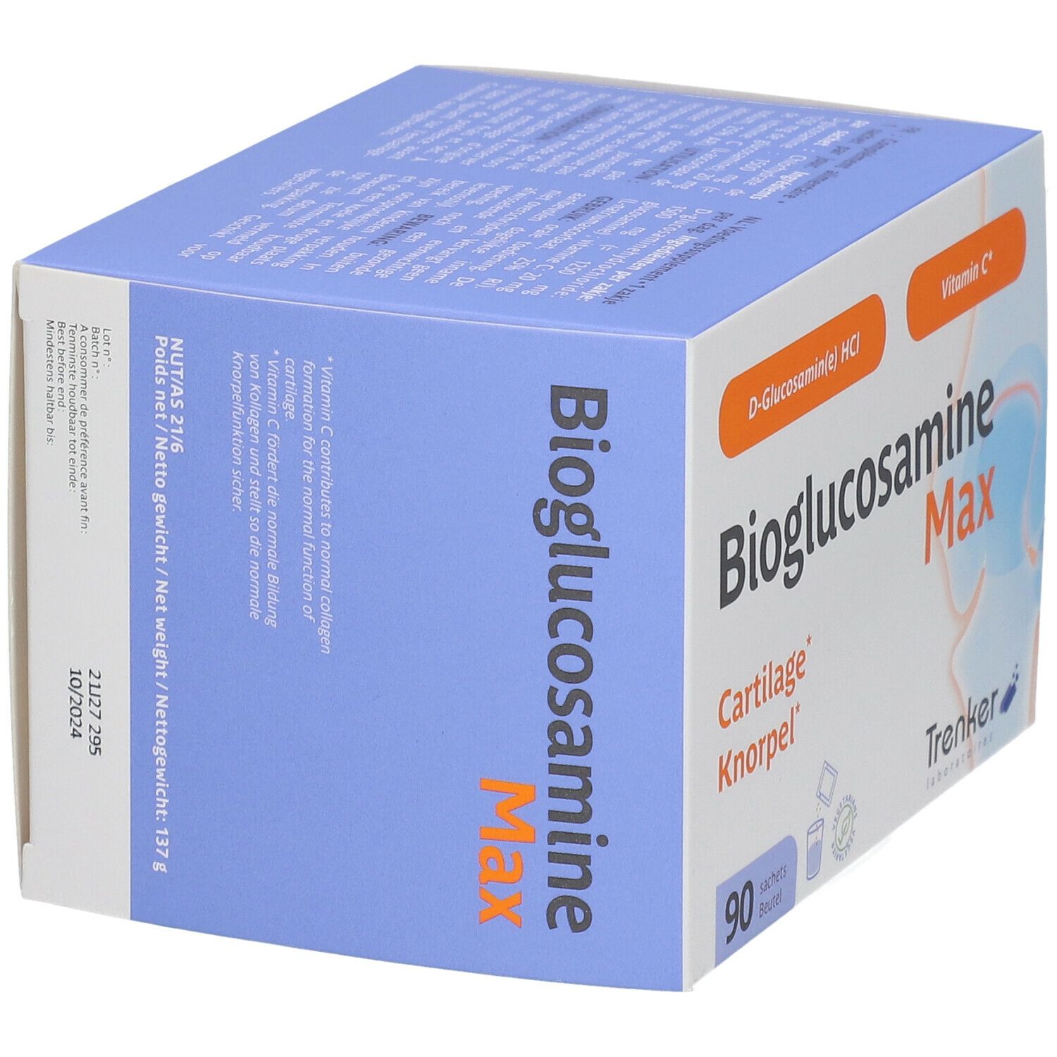 Boîte de Bioglucosamine Max. Contient 90 sachets. Inscriptions : D-Glucosamine(e) HCl, Vitamine C, Cartilage Knorpel.
