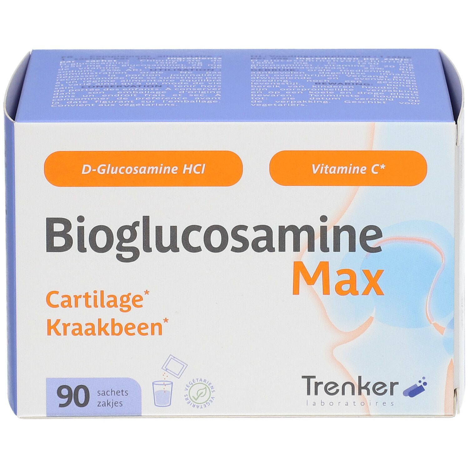 Boîte de Bioglucosamine Max. Contient 90 sachets. Inscriptions : D-Glucosamine HCl, Vitamine C, Cartilage Kraakbeen.