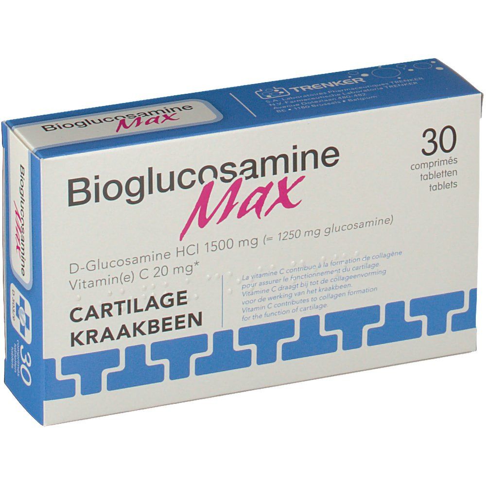 Boîte bleue et blanche "Bioglucosamine Max" avec 30 comprimés. Inscription: D-Glucosamine HCl 1500 mg, Vitamine C 20 mg.