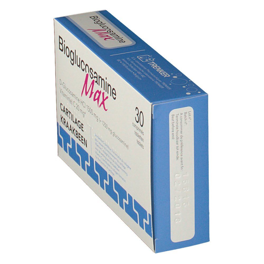 Boîte "Bioglucosamine Max" en biais. Contient 30 comprimés. Inscription: D-Glucosamine HCl 1500 mg, Vitamine C 20 mg. Avec date.