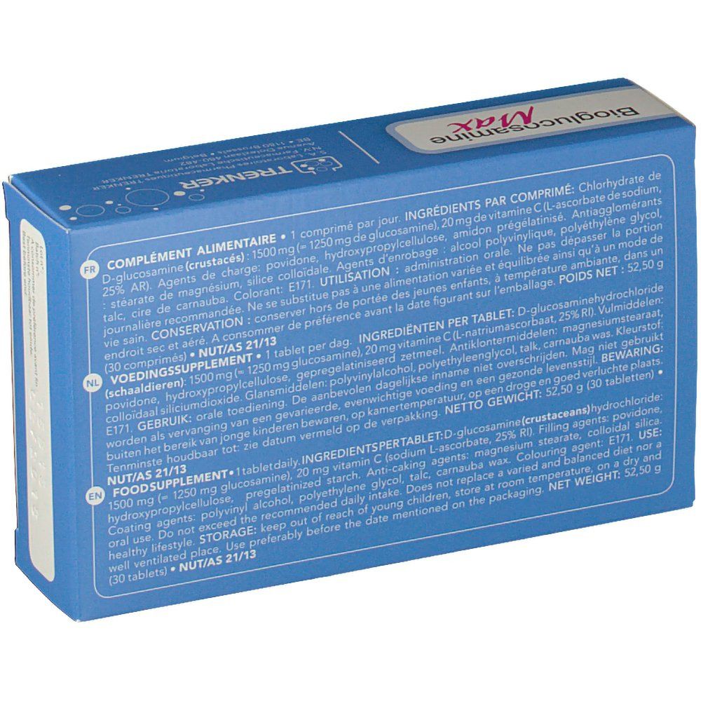 Dos de la boîte "Bioglucosamine Max". Contient des informations sur les ingrédients et l'utilisation. Texte multilingue.