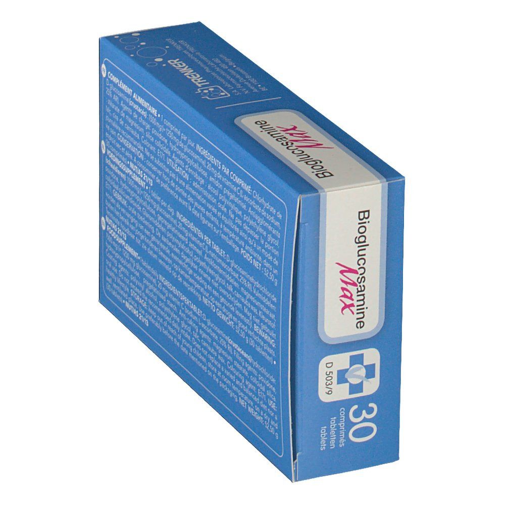 Boîte "Bioglucosamine Max" en biais. Contient 30 comprimés. Inscription: D-Glucosamine HCl 1500 mg, Vitamine C 20 mg.