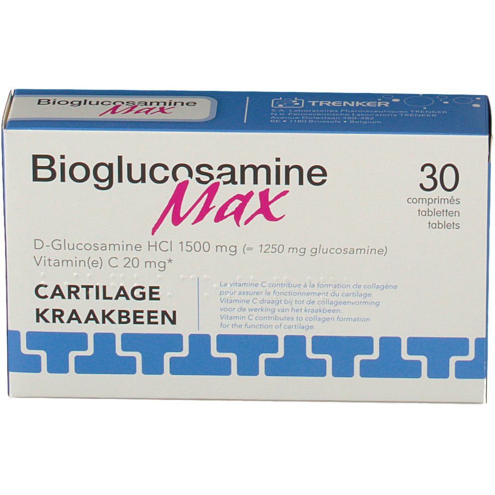 Boîte bleue et blanche "Bioglucosamine Max" avec 30 comprimés. Inscription: D-Glucosamine HCl 1500 mg, Vitamine C 20 mg. Logo.