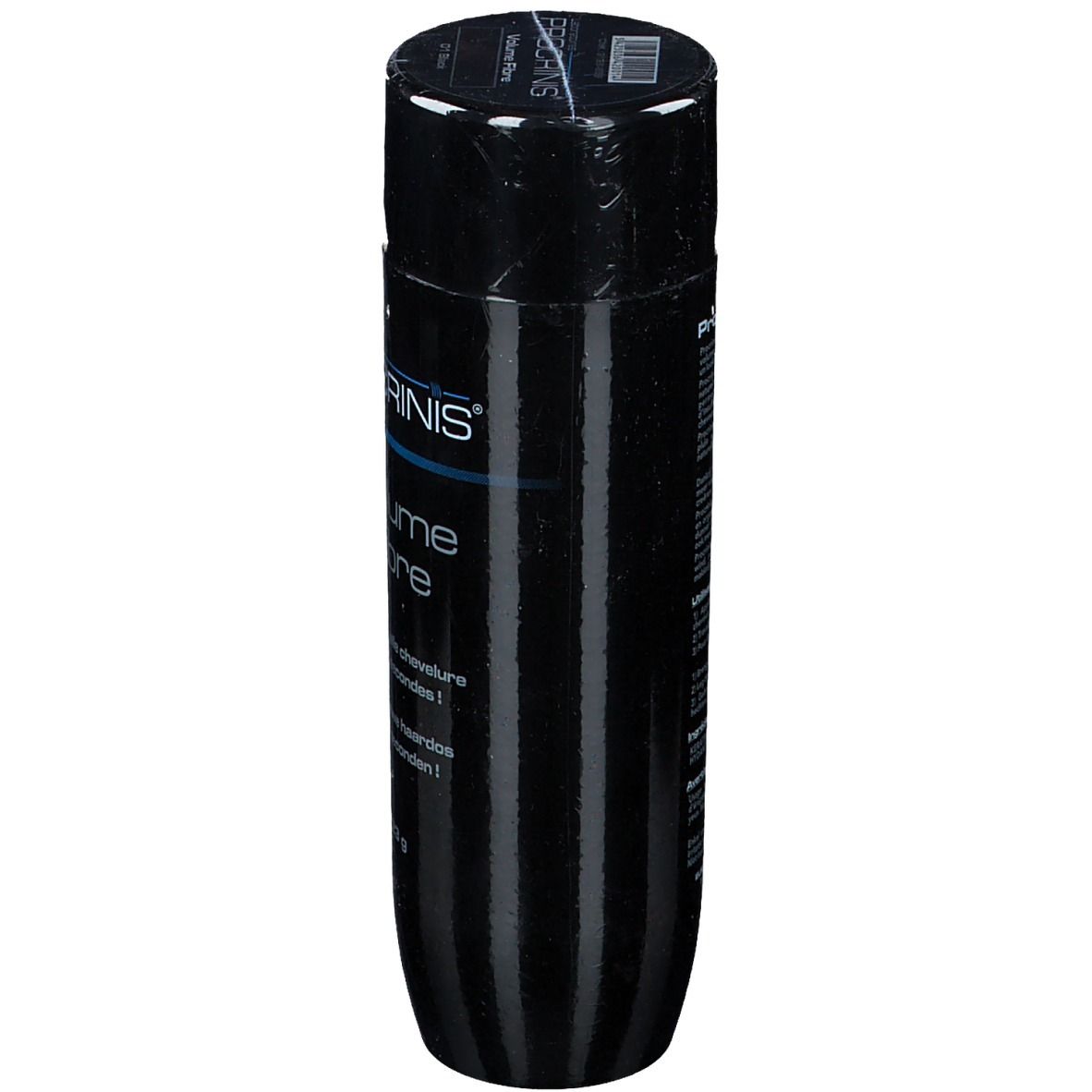 Zwarte fles PROCRINIS® Keratin Volume Fibre, zijaanzicht. Opschrift: Volume Fibre, Keratine.