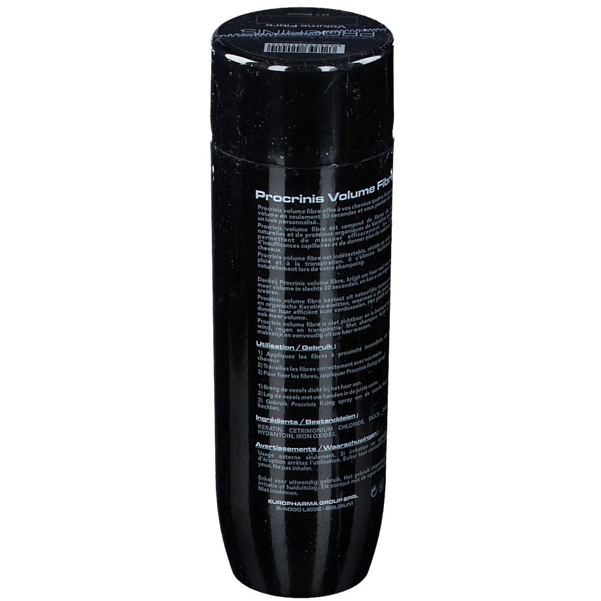 Zwarte fles PROCRINIS® Keratin Volume Fibre. Achterkant met productinformatie.